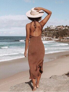 Spell & The Gypsy Margot Knit Maxi Dress Bronze Metallic Boho Sz Large